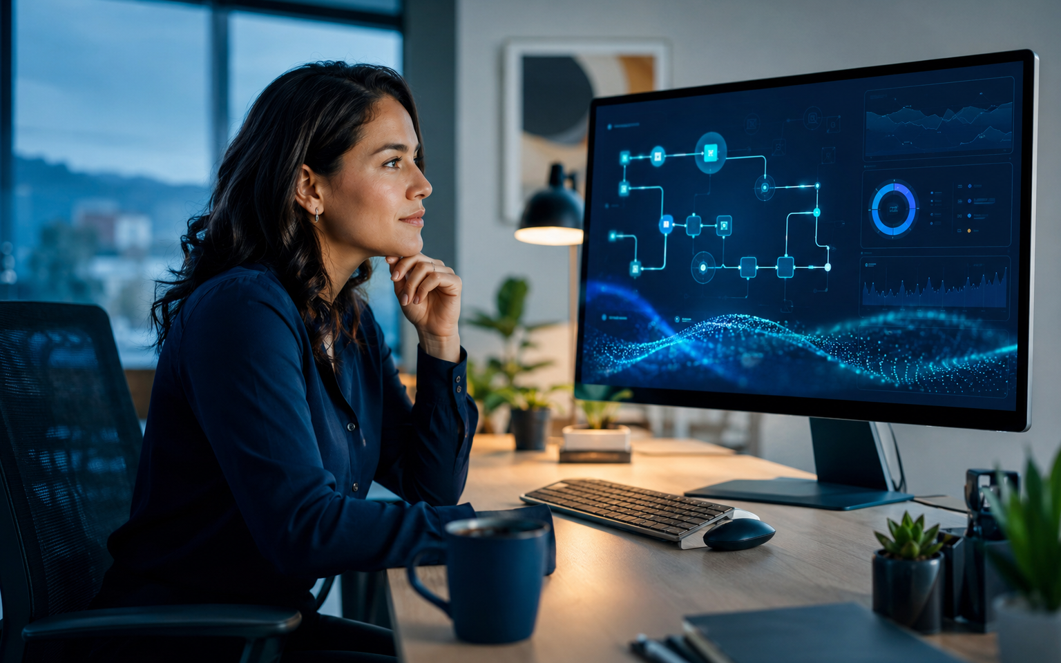 Profesional supervisando procesos automatizados y análisis de datos