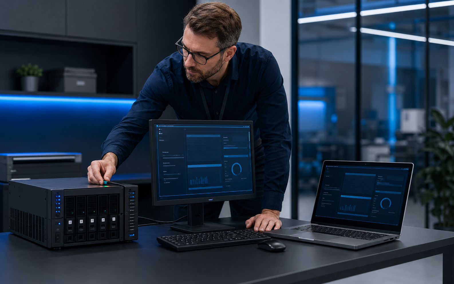 Especialista configurando servidores y equipos empresariales