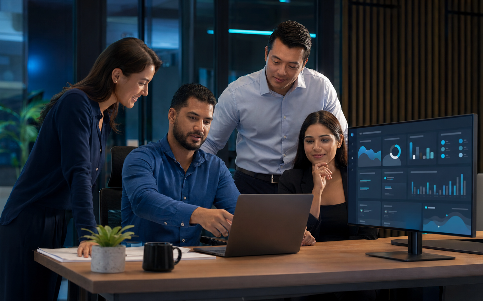 Equipo empresarial trabajando con un sistema de gestión inteligente